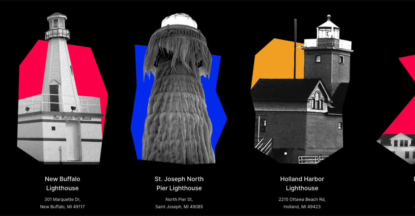 Horizontal scroll interaction that reveals various lighthouses that can be found around the lake